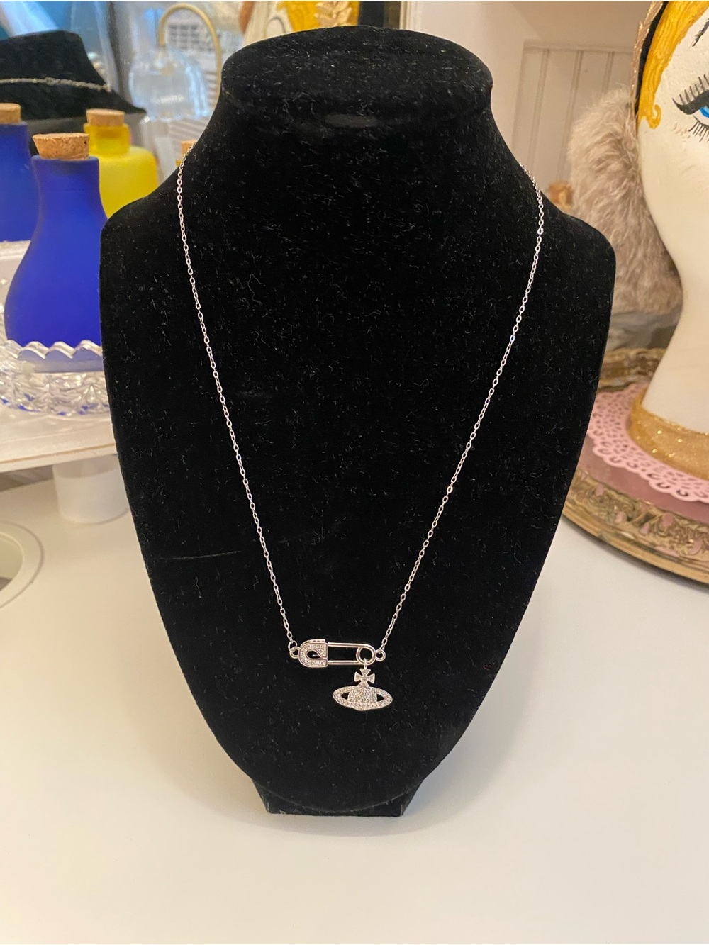 Silver Saturn Safety Pin Necklave